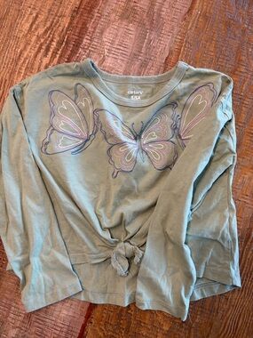 Carter's Sage Green Long Sleeve Tee with Blue and Pink Butterfly Design